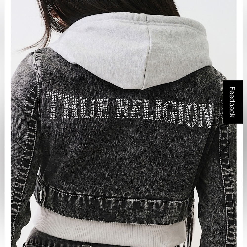 True Religion Black Denim Jacket with Gray Hood